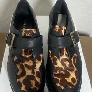 Gianni Bini Black Leather Oxfords with Leopard-Print Paneling